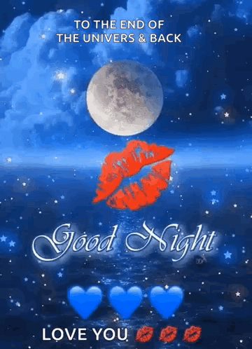 A Good Night Greeting Card With A Kiss On The Moon And Hearts GIF