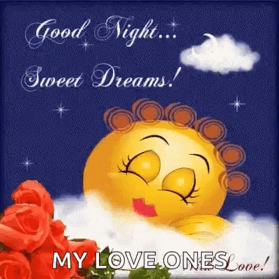 A Good Night Greeting Card With A Smiley Face Sleeping In The Clouds . GIF