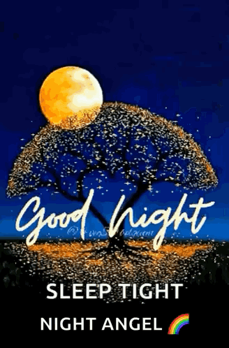 A Good Night Sleep Tight Night Angel With A Tree And A Full Moon In The Background . GIF