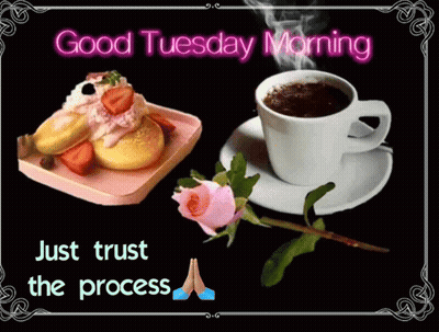 A Good Tuesday Morning Card With A Cup Of Coffee And A Plate Of Pancakes GIF