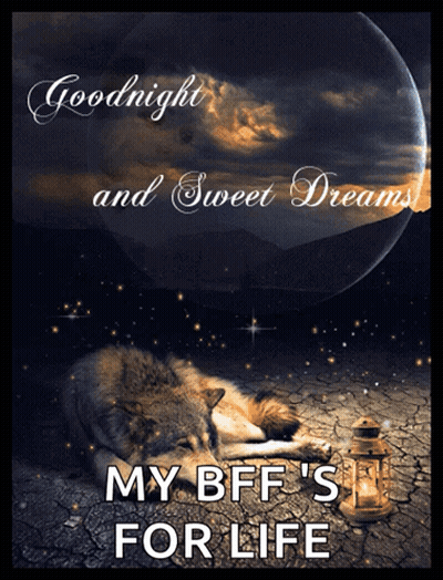 A Goodnight And Sweet Dreams Poster With A Wolf Sleeping Next To A Lantern GIF