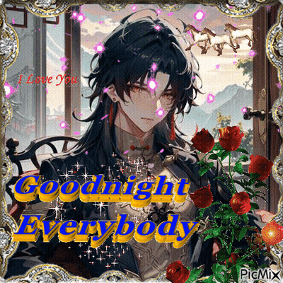 A Goodnight Everybody Greeting Card With A Picture Of A Man With Long Hair And Roses . GIF