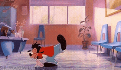 A Goofy Cartoon Character Is Doing A Trick In A Waiting Room . GIF