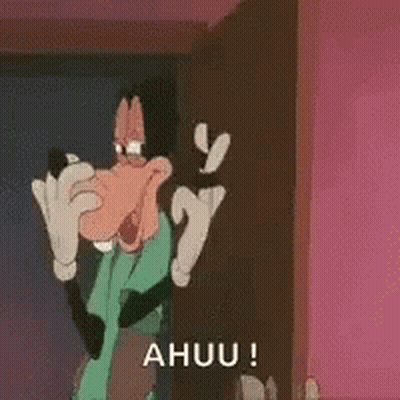 A Goofy Cartoon Character Is Standing In Front Of A Door And Shouting A Huuu ! GIF