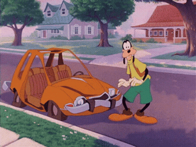 A Goofy Cartoon Character Is Standing Next To A Broken Orange Car GIF