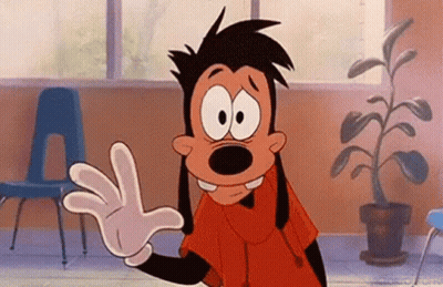 A Goofy Cartoon Character Is Waving His Hand In A Room With A Plant In The Background . GIF