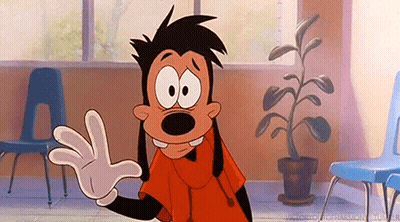 A Goofy Cartoon Character Is Waving His Hand In A Room With Chairs . GIF