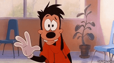 A Goofy Cartoon Character Is Waving His Hand In A Room With Chairs . GIF