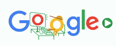 A Google Logo With A Cartoon Character Sitting In Front Of A Computer GIF