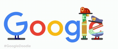 A Google Logo With Hearts And A Police Hat On It GIF