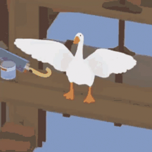 A Goose Is Standing On A Wooden Bridge With Its Wings Outstretched . GIF