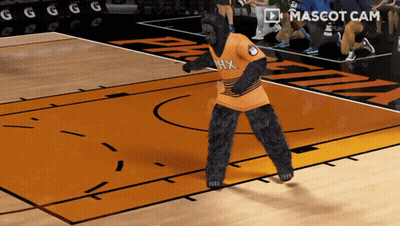 A Gorilla Mascot On A Basketball Court Wearing A Hxx Jersey GIF