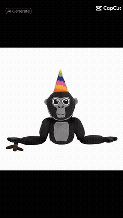 A Gorilla Wearing A Party Hat And Holding A Stick GIF
