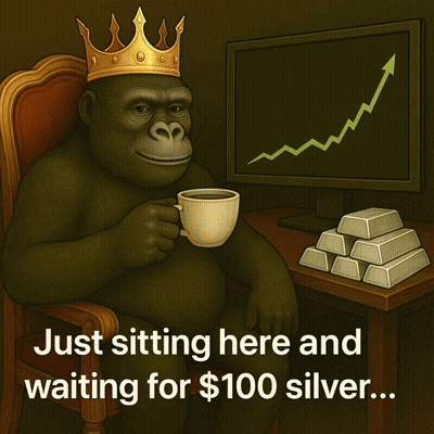A Gorilla With A Crown On His Head Is Sitting In Front Of A Computer And Holding A Cup Of Coffee GIF