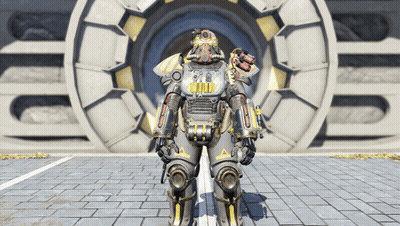 A Gray And Yellow Robot Is Standing In Front Of A Large Vault GIF