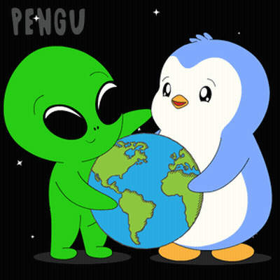 A Green Alien And A Blue Penguin Holding A Globe In Their Hands GIF