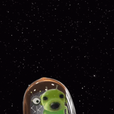 A Green Alien Is Flying In A Space Ship With The Word Send Written On The Bottom GIF