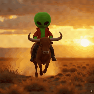 A Green Alien Is Riding A Bull In The Desert At Sunset GIF