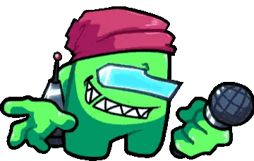 A Green Among Us Character Is Holding A Microphone And Wearing A Hat . Sticker