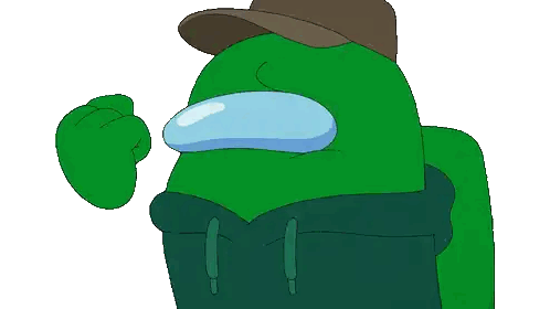 A Green Among Us Character Wearing A Brown Hat And A Black Hoodie Sticker