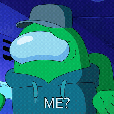 A Green Among Us Character Wearing A Hat And A Blue Hoodie Says " Me " GIF