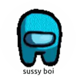 A Green Among Us Character With The Words `` Sussy Boi '' Written Underneath It . Sticker