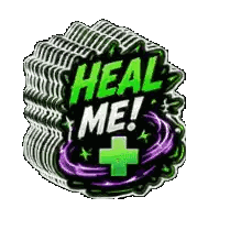 A Green And Purple Sticker That Says `` Heal Me '' With A Green Cross On It . Sticker