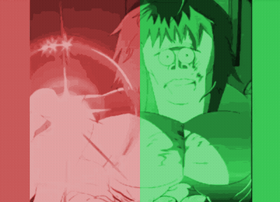 A Green And Red Image Of A Cartoon Character With A Skull On His Face GIF