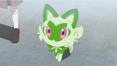 A Green And White Cartoon Cat With Pink Eyes Is Standing Next To A Person GIF