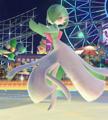 A Green And White Cartoon Character Is Standing In Front Of A Ferris Wheel GIF