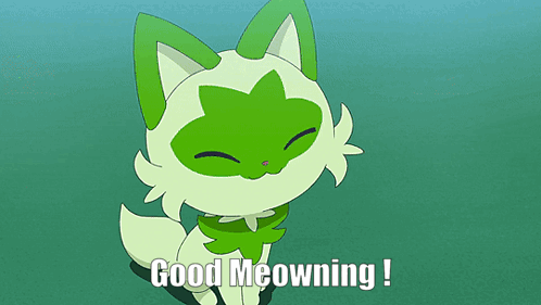A Green And White Cat With The Words Good Meowning Written Below It GIF