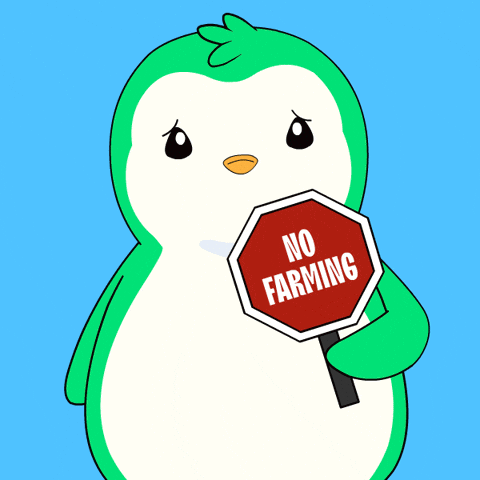 A Green And White Penguin Holding A Sign That Says No Farming GIF