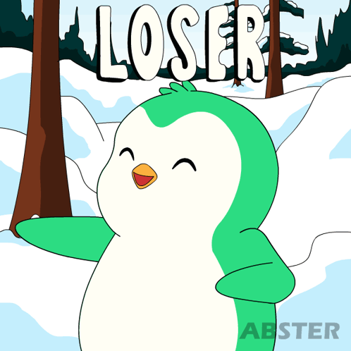 A Green And White Penguin Is Standing In The Snow With Abster Written On The Bottom Right GIF