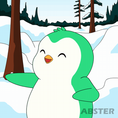A Green And White Penguin Is Standing In The Snow With Abster Written On The Bottom Right GIF