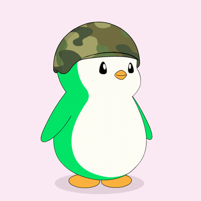 A Green And White Penguin Wearing A Camouflage Hat GIF