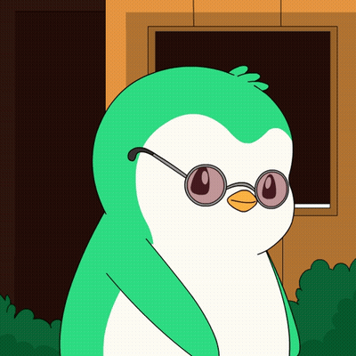 A Green And White Penguin Wearing Glasses Looks Out A Window GIF