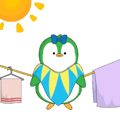 A Green And White Penguin With A Blue Bow On Its Head Hanging On A Clothes Line Sticker