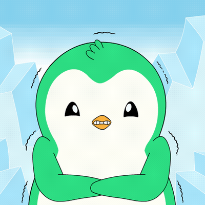 A Green And White Penguin With Its Arms Crossed Is Standing In Front Of Ice Cubes GIF