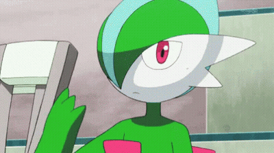 A Green And White Pokemon With Red Eyes Is Standing Next To A Chair And Looking At The Camera . GIF