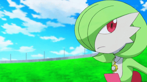 A Green And White Pokemon With Red Eyes Is Standing On A Grassy Field GIF