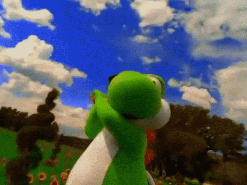 A Green And White Yoshi Is Standing In A Field Of Sunflowers With A Blue Sky In The Background . GIF