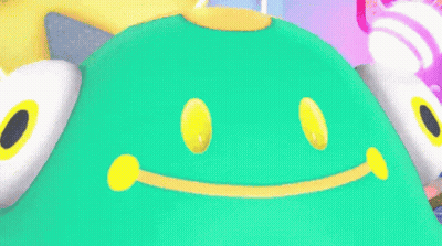 A Green And Yellow Cartoon Character With A Big Smile On His Face GIF