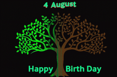 A Green And Yellow Tree On A Black Background With The Words " Happy Birth Day " GIF
