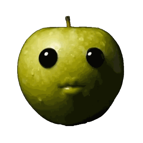A Green Apple With Black Eyes And A Sad Face GIF