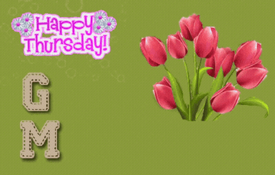 A Green Background With A Bunch Of Pink Flowers And The Words Happy Thursday Good Morning GIF