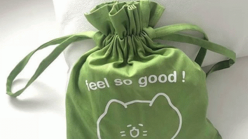 A Green Bag That Says Feel So Good With A Cat On It GIF