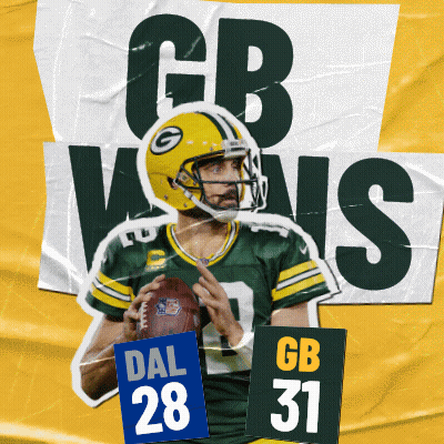 A Green Bay Packers Player Is Holding A Football And A Sign That Says Dal 28 Gb 31 GIF