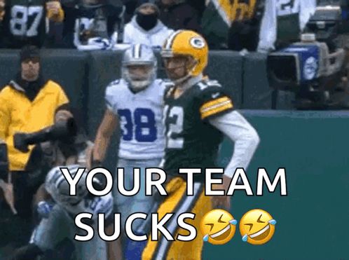 A Green Bay Packers Player Standing Next To A Cowboys Player GIF