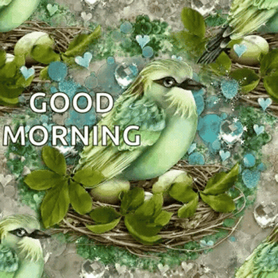A Green Bird Is Sitting In A Nest Surrounded By Green Leaves And Hearts . GIF