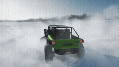 A Green Buggy Is Driving Through The Snow With A License Plate That Says ' A ' GIF